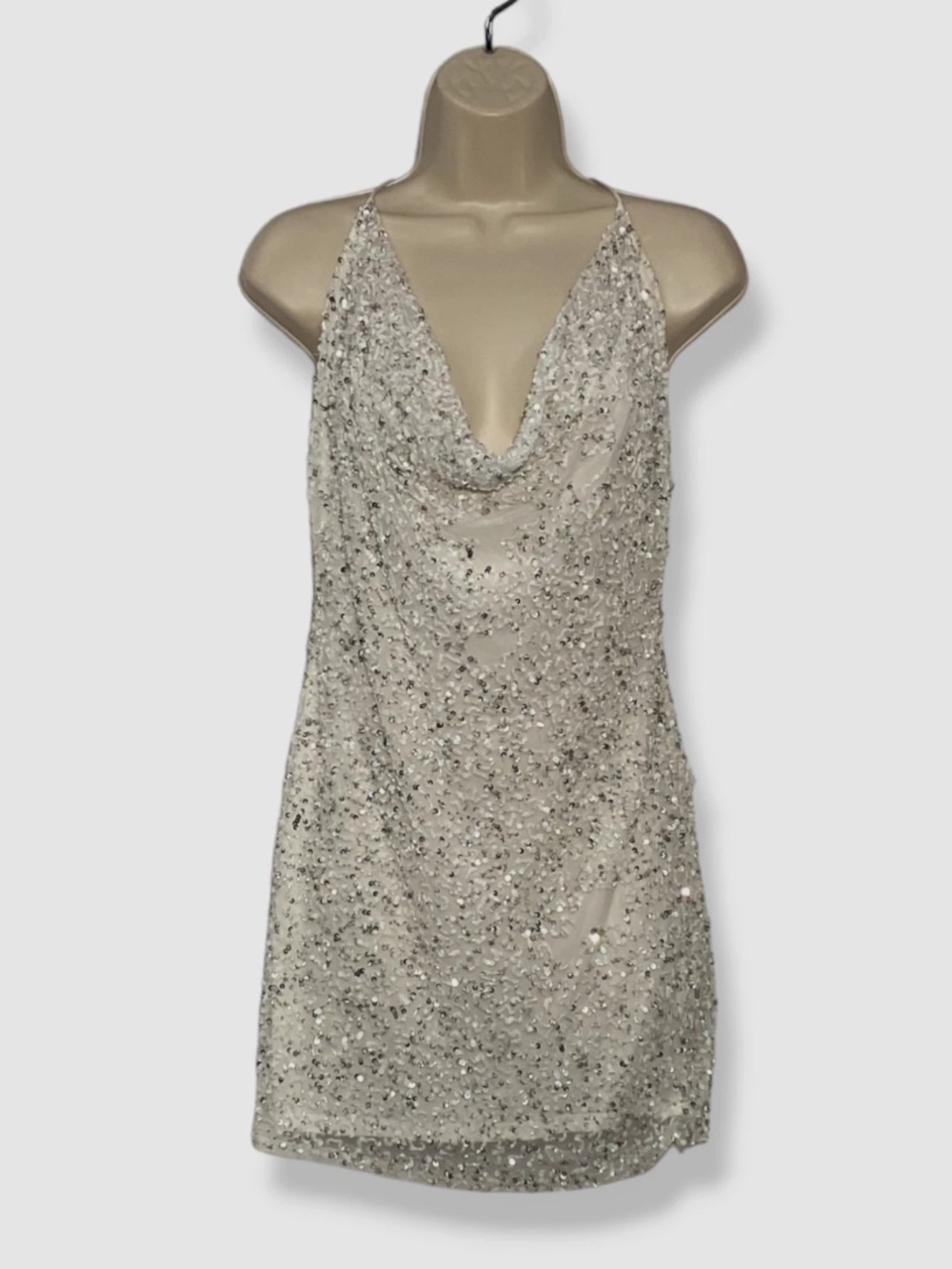 Retrofete Silver Sequin Cowl Mini Dress NWT